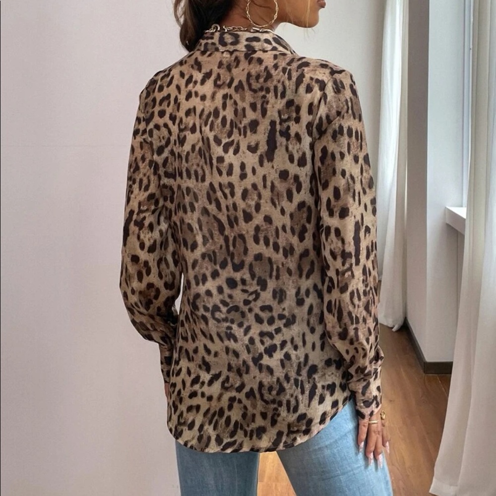 Camel black boho leopard print button up blouse - Picture 10 of 14